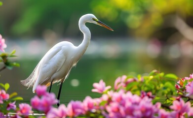 Fototapeta premium Graceful White Heron Among Water Lilies in a Blooming Lake - Generative AI