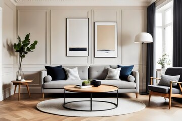 Modern interior design of Scandinavian living room . A round coffee table with cozy sofa . Few plants and some posters , landscape and few household objects . Classic paneling room with wooden design