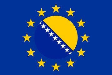 Representação artística em ilustração da união das bandeiras da Bósnia Herzegovina e da União Europeia