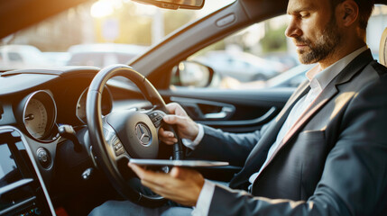Naklejka premium a man in a car with a tablet