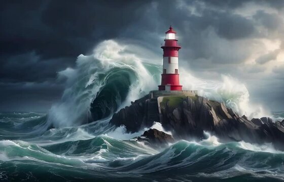 lighthouse on the coast with a terrible storm, heavy rain and violent waves.