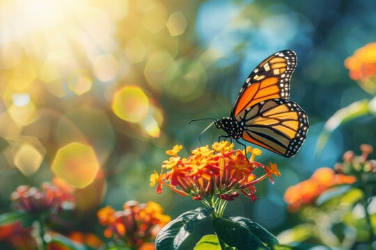Beautiful image in nature of monarch butterfly on lantana flower on bright sunny day.
