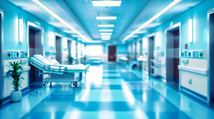Naklejka na ściany i meble Hospital corridor with a blurred perspective, emphasizing healthcare services and medical professionalism