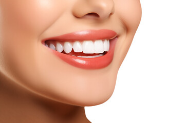 Close-up of smiling woman with white teeth isolated on transparent background.