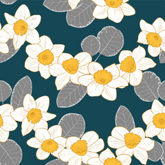 .Vector seamless pattern with narcissus flowers and leaves. Hand drawn illustration of spring flowers..