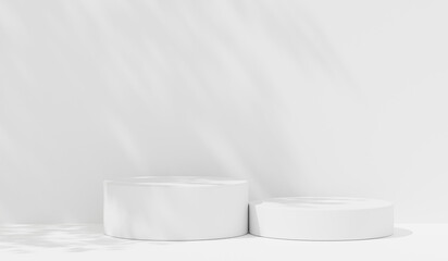 Step pedestal presentation and branding products. Exhibition Podium, 3d background products display scene with sunlight. abstract geometric composition with shadow on the wall.  3d render