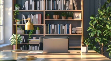 Table with laptop in home office interior.