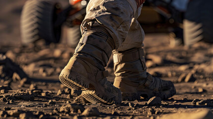 A detailed image capturing the dusty boots of a hiker walking in a desert setting with prominent textures