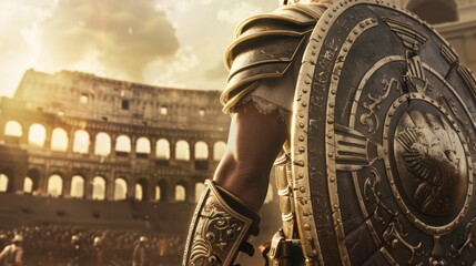 A Roman soldier stands proudly in front of an ancient arena