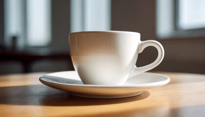 A hot cup of coffee on a saucer, set against a white background, casting a subtle shadow.