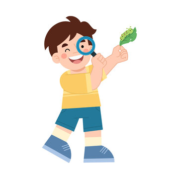 Vector illustration of little boy looking at a caterpillar with a magnifying glass