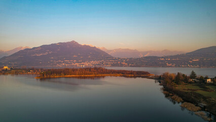 Aerial View of Lake With Mountains in Background