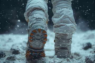 Detailed shot of space boots on the moon highlighting the unique tread and design for a space mission
