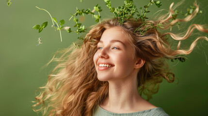 Beautiful woman with healthy long hair and fresh herbs flying around her head, against a green background. A beauty model posing for a spa or beauty concept