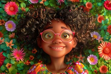 African American girl with pink glasses smiling while laying on a green and colorful flower patterned blanket in an overhead shot. 