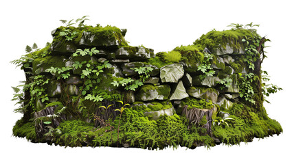 mossy stone wall and mossy stump surrounded by vegetation in the forest isolated on transparent background