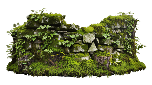 mossy stone wall and mossy stump surrounded by vegetation in the forest isolated on transparent background