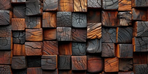 Artistic arrangement of wooden blocks exhibiting natural textures
