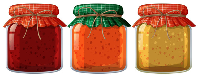 Three colorful jars of fruit jam illustration