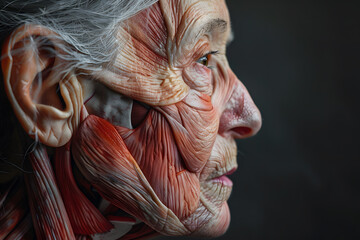 Side view old woman closeup face. Human anatomy, skin and muscles