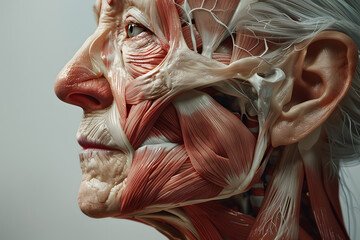 Side view old woman closeup face. Human anatomy, skin and muscles