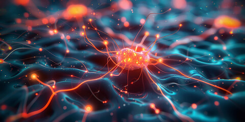 Neural network with glowing neurons on a dark background, closeup of Neurons cell in  brain structure. ,banner
