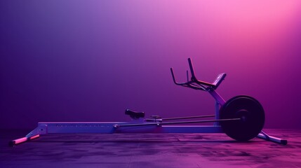 A vibrant rowing machine in hues of purple and pink, standing ready for a workout