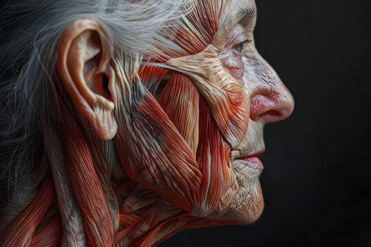 Side view old woman closeup face. Human anatomy, skin and muscles
