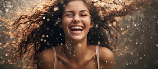 Obraz premium A woman is smiling joyfully with her eyes closed, her hair blowing in the wind while enjoying leisure time by the water in swimwear, surrounded by a beautiful landscape