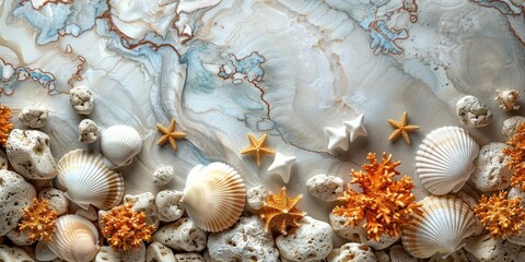 Obraz premium Marble background with seashells and starfish. Top view.