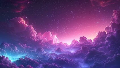 A breathtaking anime sky with vibrant purple and pink clouds, illuminated by the soft glow of stars in an enchanting night scene.