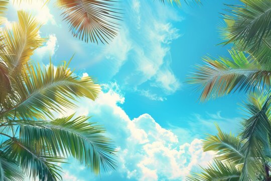 Beautiful natural tropical background with palm trees against a blue sky with clouds.
