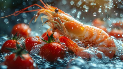 Fresh shrimp and juicy cherry tomatoes in water droplets. Culinary art for true gourmets.