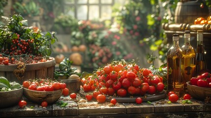 Harvest richness: fresh tomatoes and aromatic herbs in the kitchen. Perfect ingredients for healthy eating.