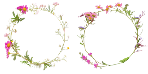 set of wreath frame made with wild flowers isolated on transparent background