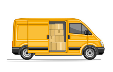 Vector illustration of Delivery Van, horizontal poster with profile side view large commercial van with opened sliding door and heap of cardboard boxes in car, orange postal van on white background