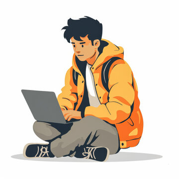 Illustration of young man working on a laptop in minimalist style. Remove work or education concept design