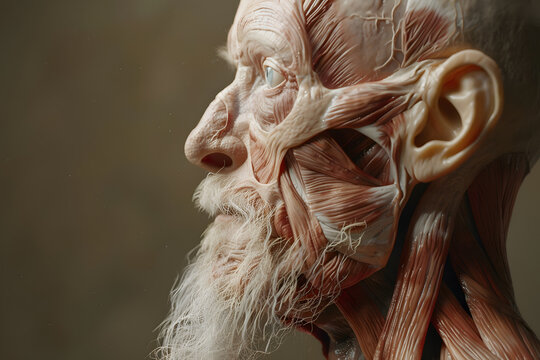 Side view old man closeup face. Human anatomy, skin and muscles