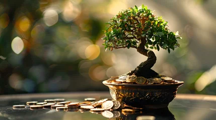 Poster Verdant Bonsai Tree Thriving on Coins in Ornate Pot Timeless Harmony and Financial Growth © Rudsaphon