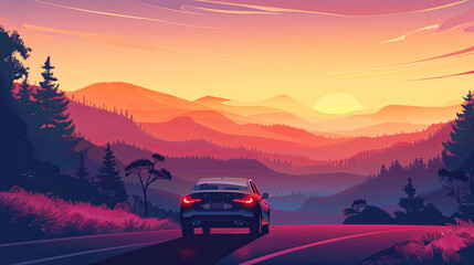 illustration car in the mountain landscape road at sunset