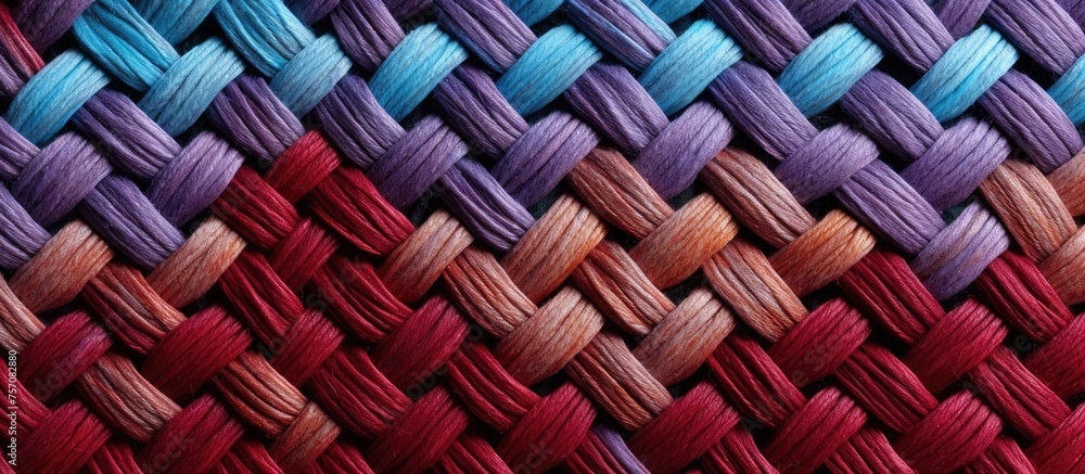 Poster a closeup of a rectangular multicolored woven fabric featuring a vibrant pattern of magenta and elec