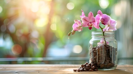 Coffee Beans and Orchid Flourishing in Mason Jar on Wooden Table Bathed in Sunlight - obrazy, fototapety, plakaty