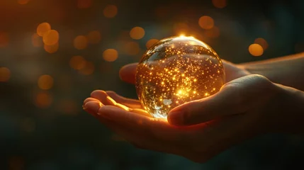 Fototapeten Delicate Hands Holding Glowing Orb: Symbol of Happiness and Wellbeing in Emotions and Mental States Concept © Sascha
