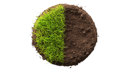 a round land made with green grass and soil isolated on transparent background"