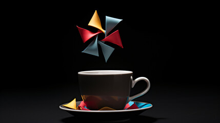 Coffee cup with toy pinwheel on black background.