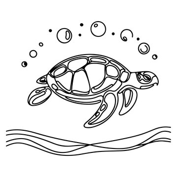 continuous one black line hand drawing turtle marine animal doodle vector illustration on white