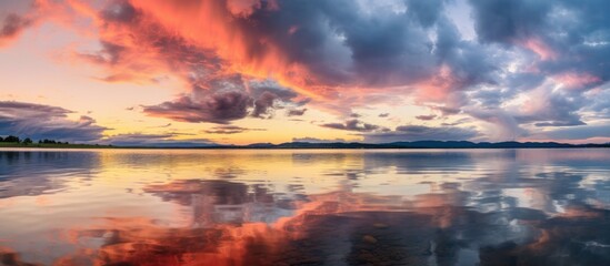 A picturesque natural landscape at dusk, with cumulus clouds reflecting in the calm waters of the lake, creating a stunning horizon at sunrise