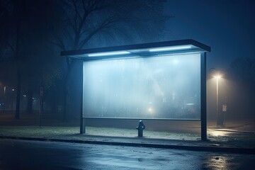 bus stop at night in the rain. The stop is lit by blue lights, and the rain is pouring down from the sky. There is no one at the bus stop, no people are visible.