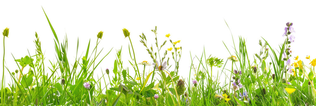 grass border with wildflowers isolated on transparent background