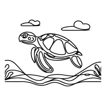 continuous one black line hand drawing turtle marine animal doodle vector illustration on white